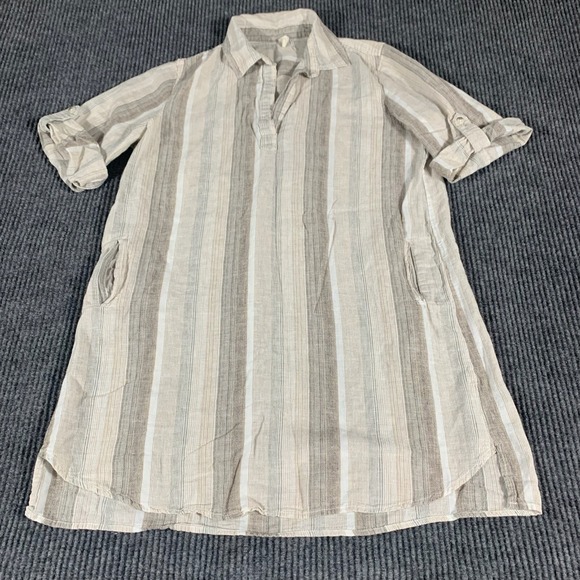 Elan Dress Womens Beige Linen Blend Stripe Collared Shirt Style Roll Tab Pockets - Picture 1 of 12